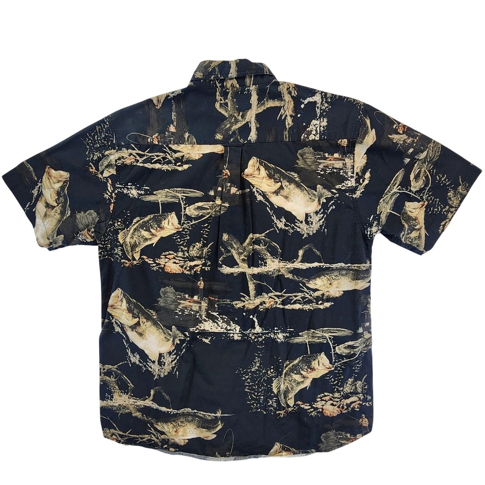 Bluff Creek Mens Large Navy Bass Fishing Print Shirt Outdoorsy Gorpcore‎ Cabin